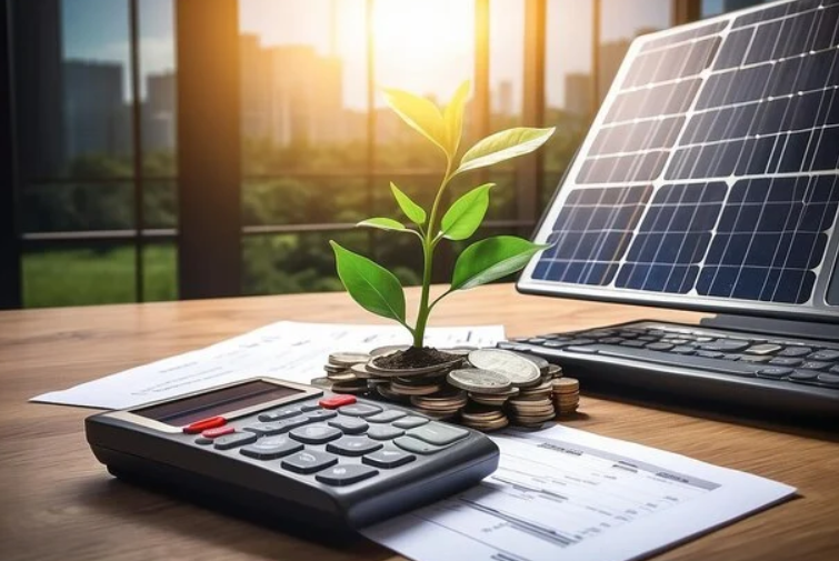 Solar panel setup with savings and sun icons