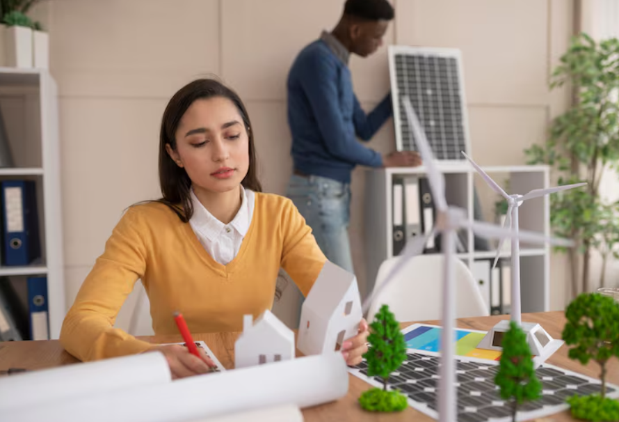 Illustration of connected smart home devices and green energy icons